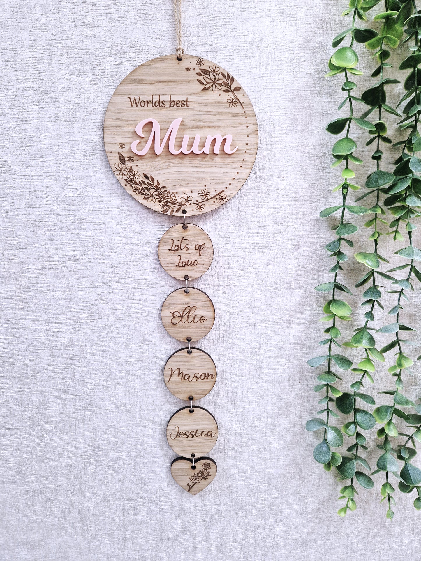 Personalised wooden mothers day wall hanging gift.