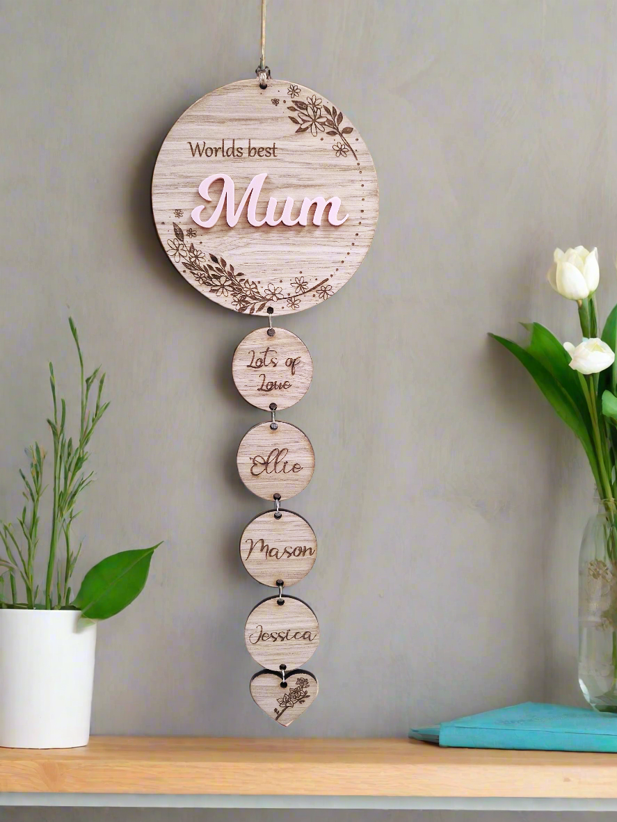 Personalised wooden mothers day wall hanging gift.