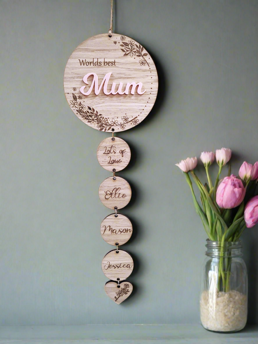 Personalised wooden mothers day wall hanging gift.