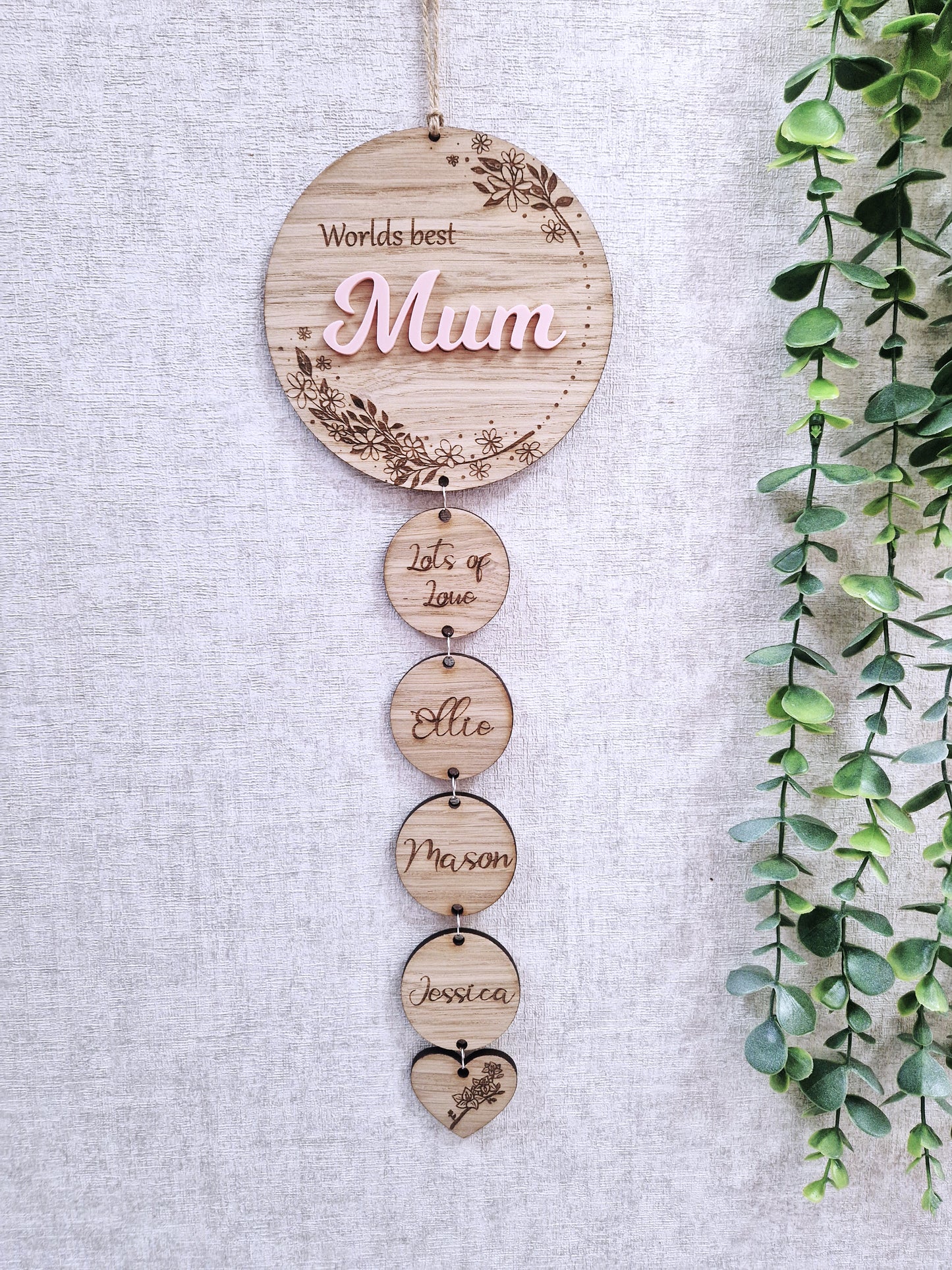 Personalised wooden mothers day wall hanging gift.