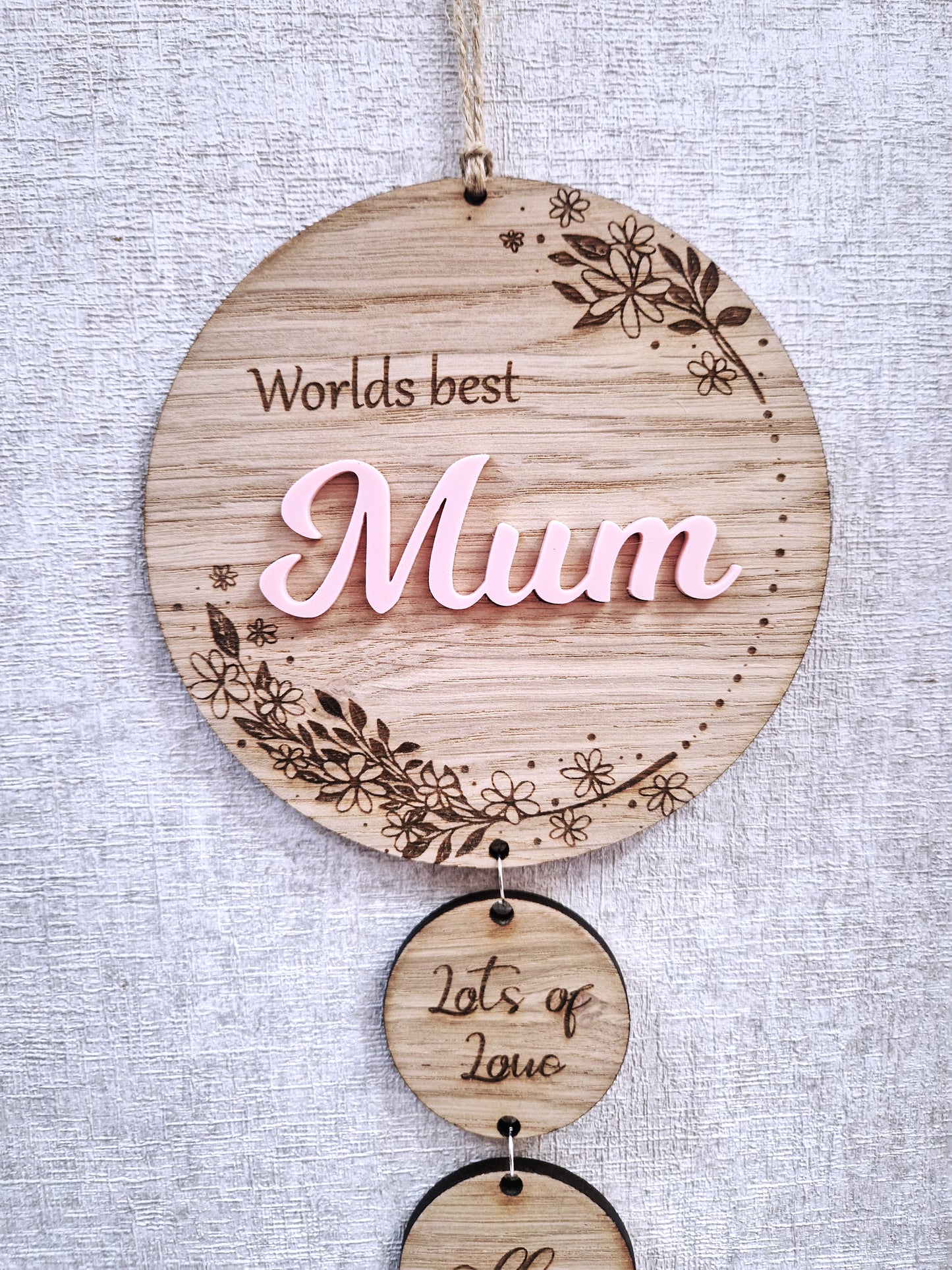 Personalised wooden mothers day wall hanging gift.