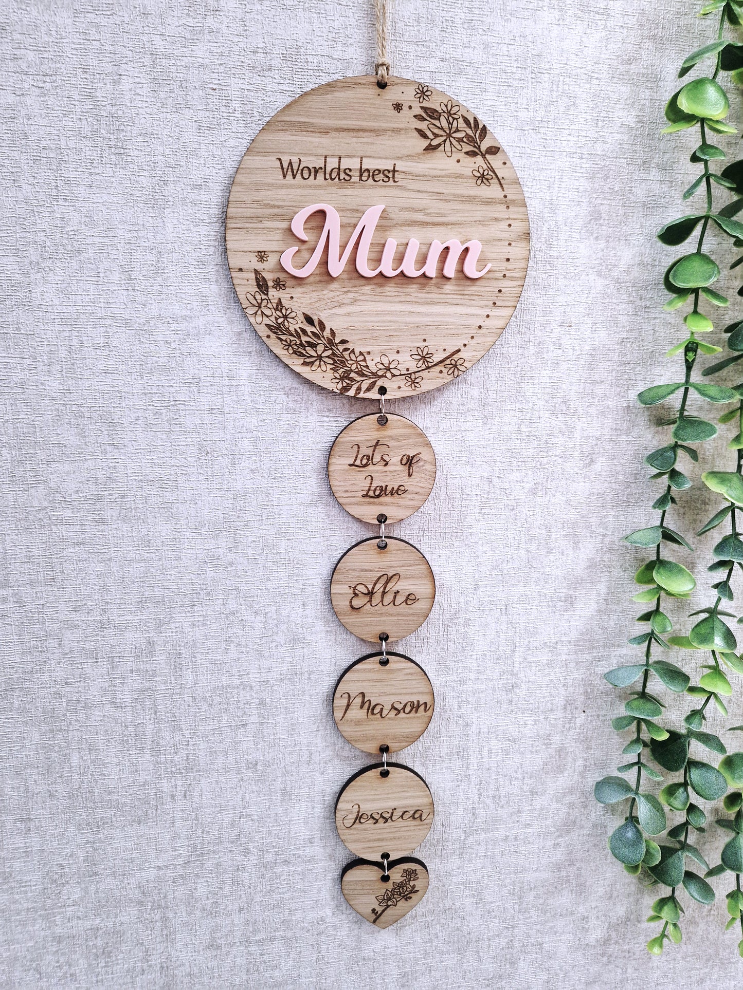 Personalised wooden mothers day wall hanging gift.