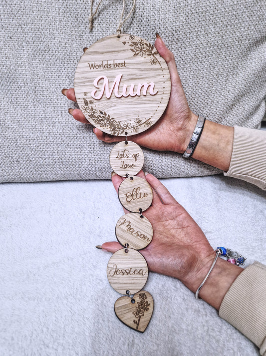 Personalised wooden mothers day wall hanging gift.