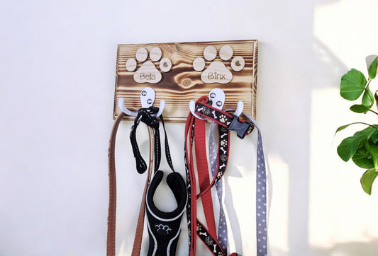 Personalised wooden dog leash hanger,.