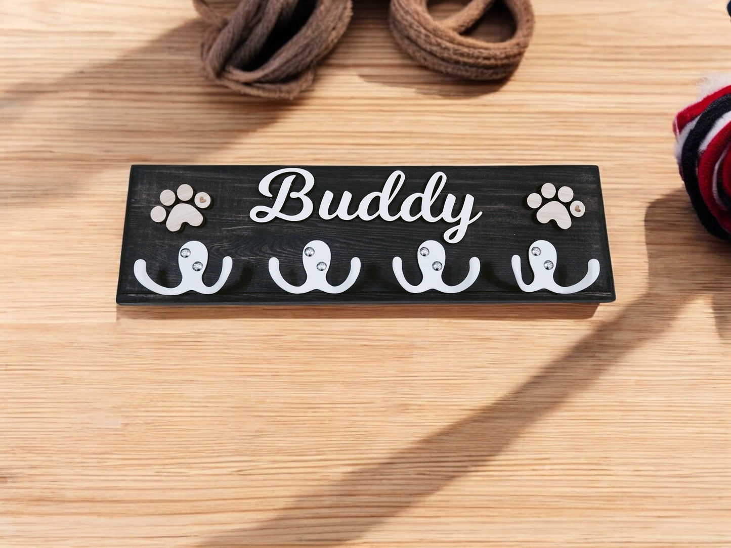 Personalised wooden dog leash hanger,.