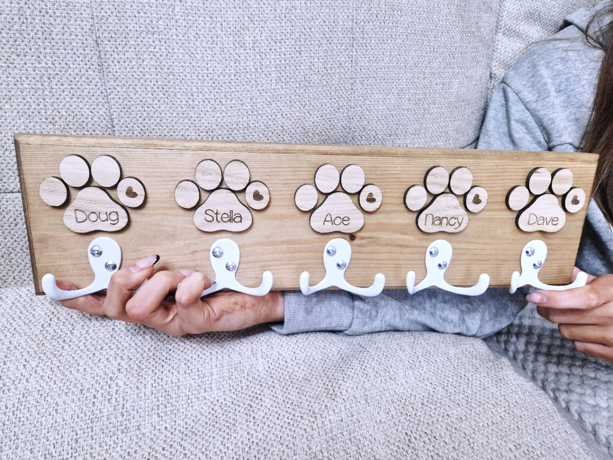 Personalised wooden dog leash hanger,.