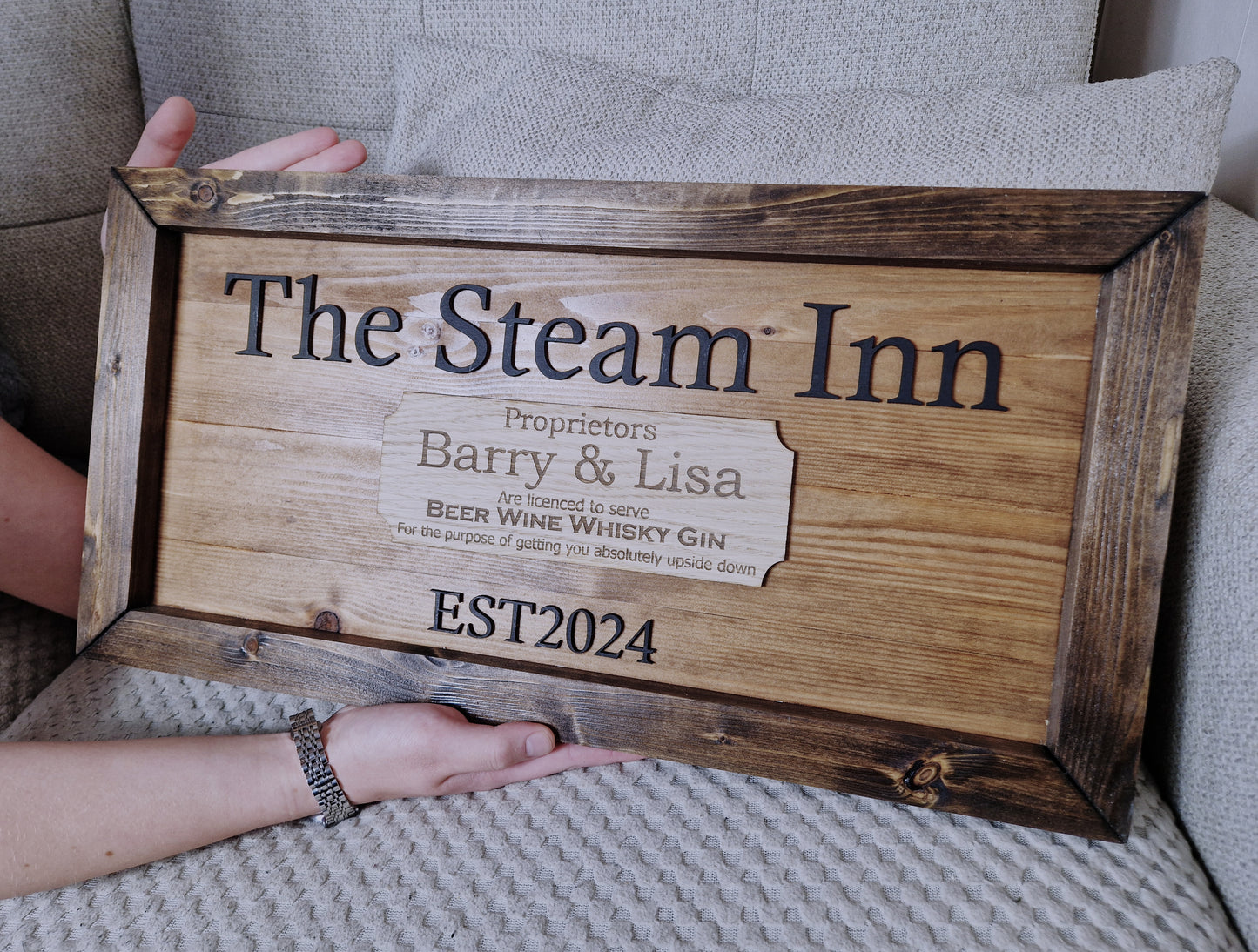 Personalised rustic wooden bar sign