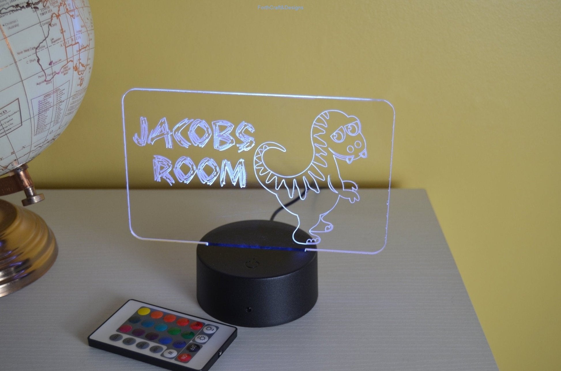 LED night light , personalised sign, custom dinosaur themed ,-Forth Craft and Designs