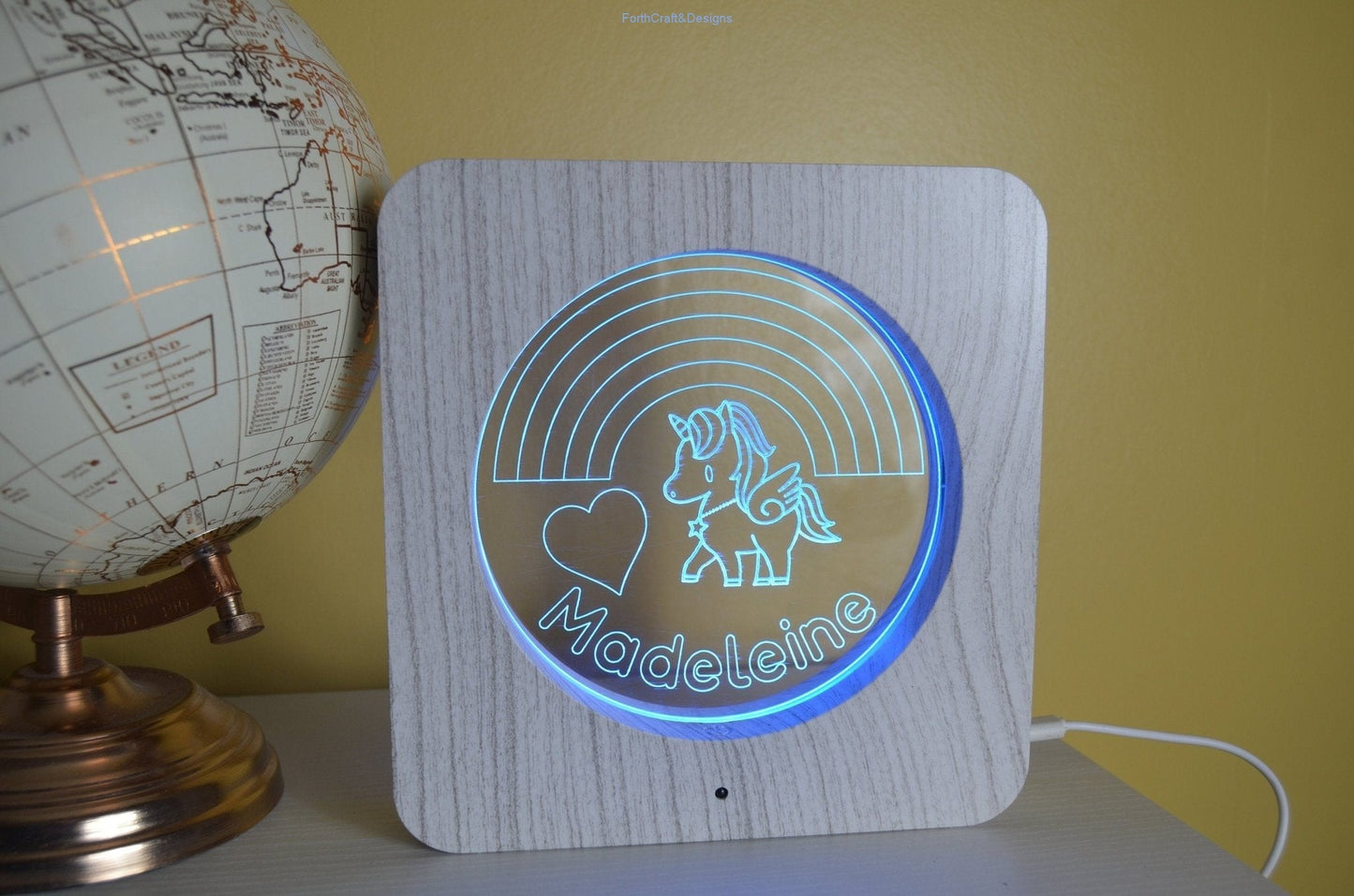 LED night light wood effect, personalised sign, unicorn and rainbow themed-Forth Craft and Designs