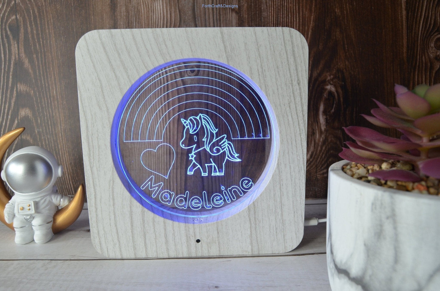 LED night light wood effect, personalised sign, unicorn and rainbow themed-Forth Craft and Designs