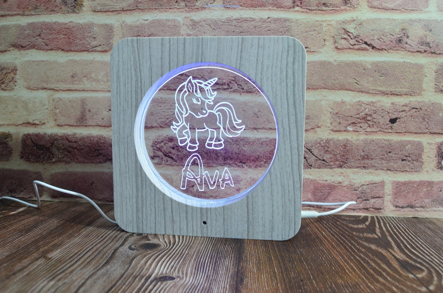 LED night light wood effect, personalised sign,unicorn themed-Forth Craft and Designs