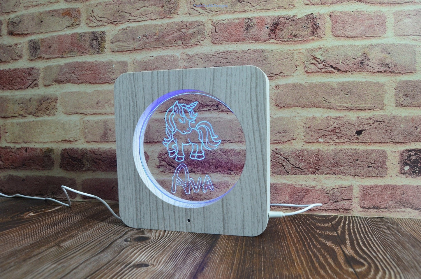 LED night light wood effect, personalised sign,unicorn themed-Forth Craft and Designs