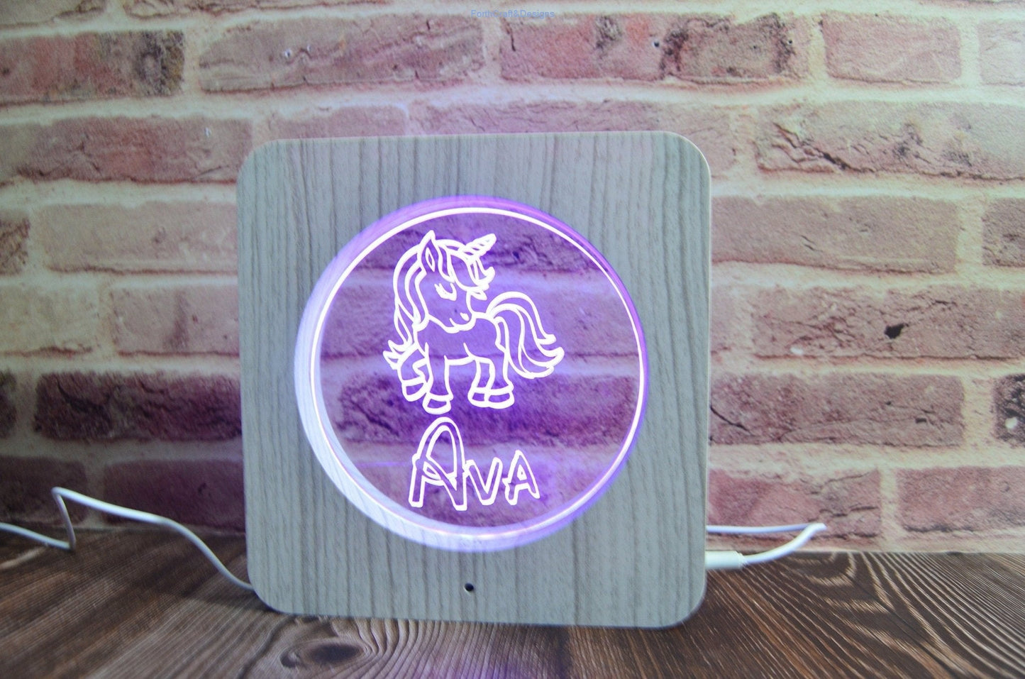 LED night light wood effect, personalised sign,unicorn themed-Forth Craft and Designs