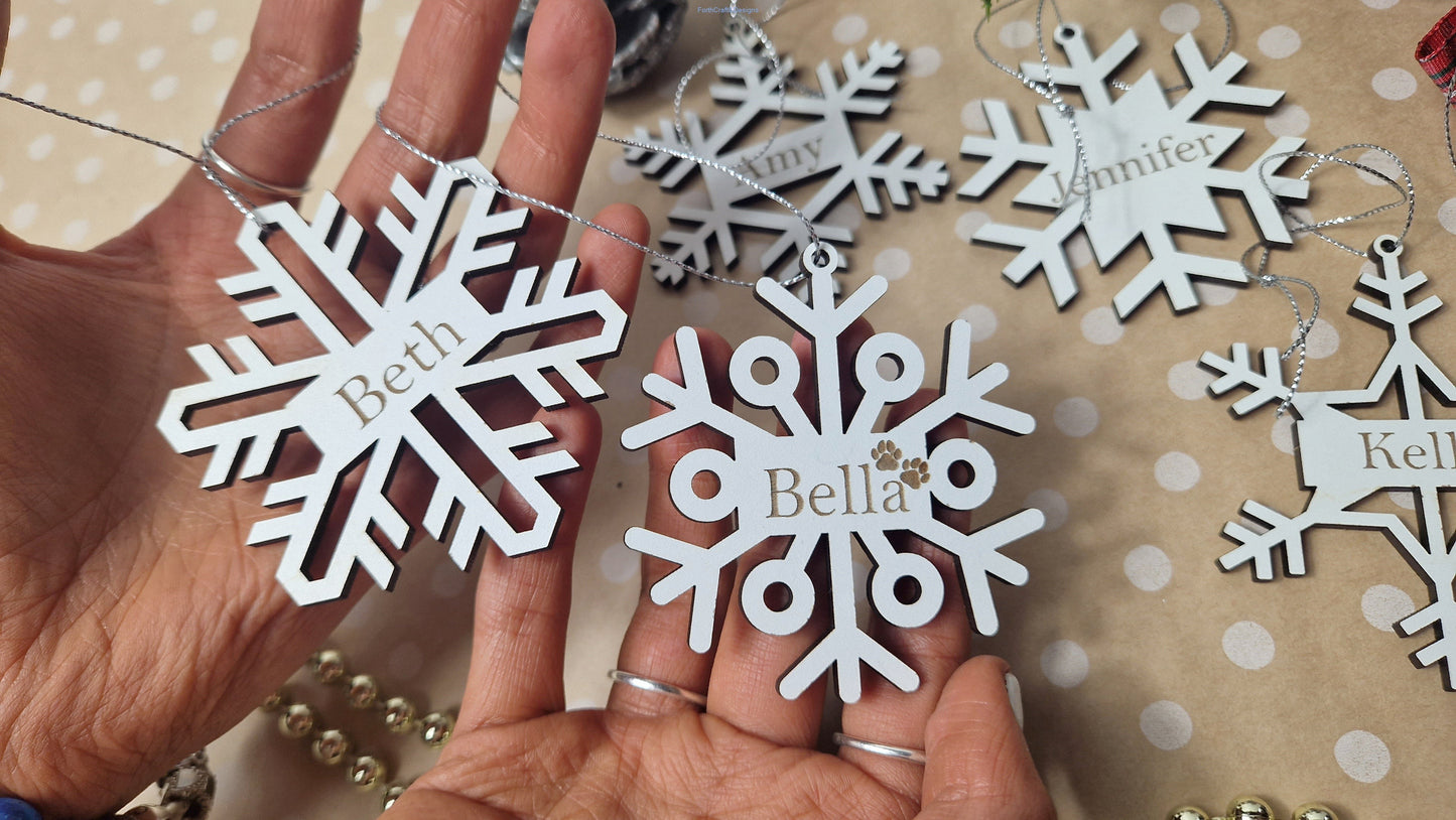 Personalised wooden snowflake tree baubles or gift bag tags.-Forth Craft and Designs